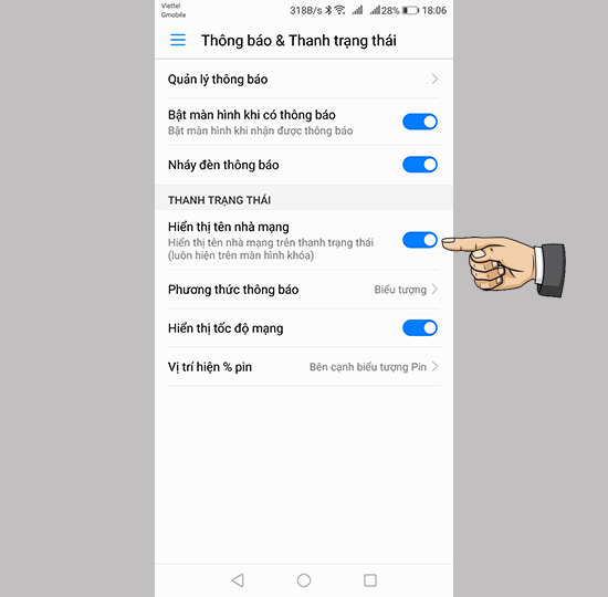 Bật hiển thị tên nhà mạng